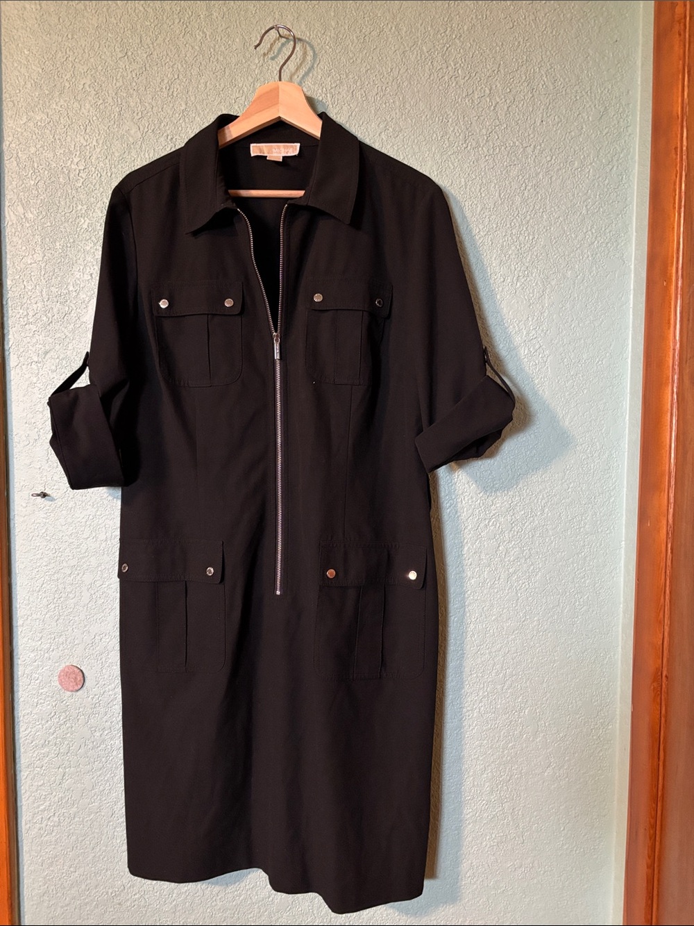 Michael Kors Black 3/4 Sleeve Utility Zipper Style Midi Dress Women’s XL Good